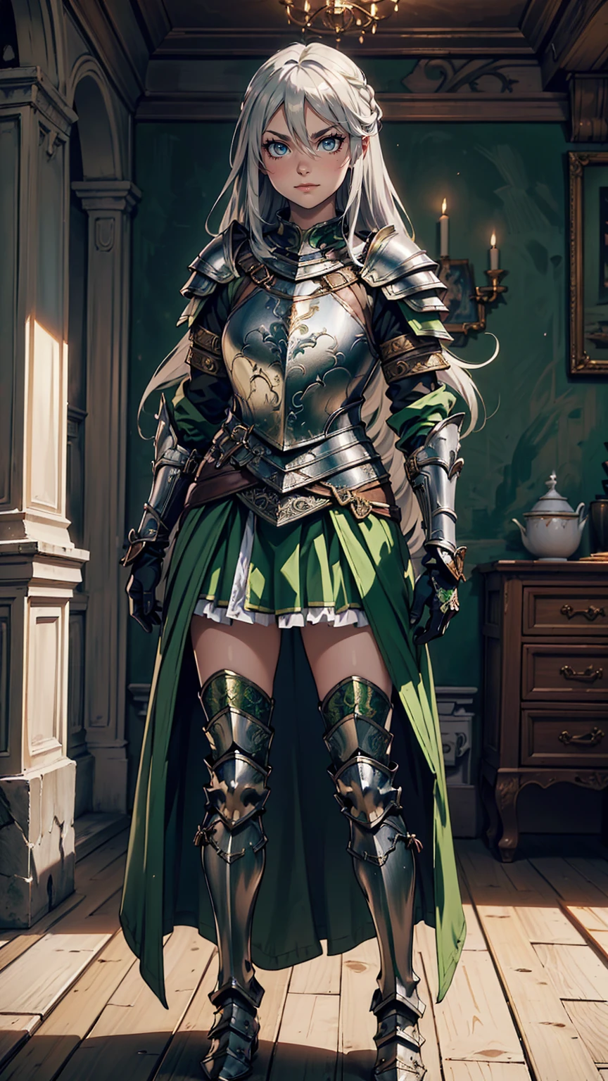 最high quality、Ultra High Definition, Ultra High Quality, Hyper Definition, Hyper Quality, Hyper Detailed, Extremely Detailed, Perfectly Detailed, Best image quality、masterpiece、anime woman((20-year-old、super dynamic pose , Green solid eyes, Silver long Hair、Disheveled Hair、Long White Hair,  Glove、Green Skirt, Noble Armor, Smirk, cheerful expression, Detailed Cuirass , Dressed in Full Coverage Noble Plate Armor, leg armor)),high quality、Beautiful art、background((Inside the mansion))、Written boundary depth、  movie、Visual Arts、Perfect art、8K,Genuine、