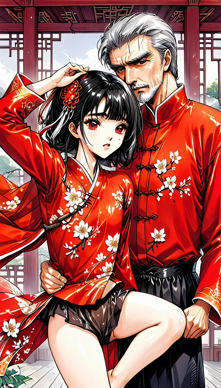 A tragic historical drama in 8k live-action style: Beautiful palace secrets　Beautiful 10 year old Chinese Kung Fu girl princess with short black hair has very rough unwanted sex with old man emperor　Gorgeous embroidery, Ultra glossy, She is wearing a shiny red top and bottom long sleeve floral kung fu suit....　　Her clothes were forcibly torn off by the old man, exposing her genitals.　