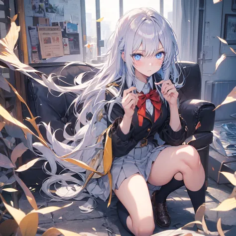 Silver Hair、Blue Eyes、beautiful girl、high school girl。uniform、Knee socks、　