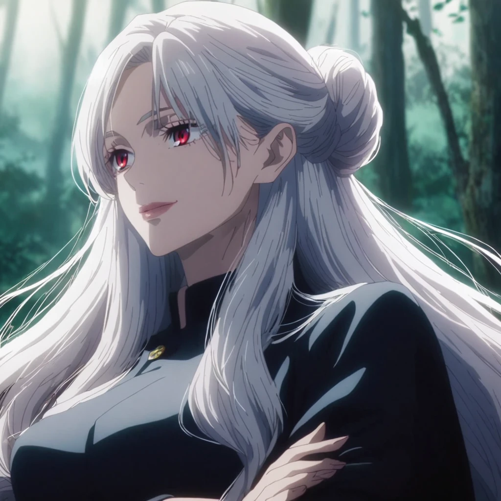 1girl, anime screencap from jujutsu kaisen, solo, very long_hair, ((smooth texture hair)) purple eyes, ((long hair, white hair, hair bun , red_eye)), breasts, upper_body, smile, forest background, red_eyes, lips, ((long white hair, elegant hairstyle, hair bun ,red_eye)) wearing black color clothes, breast, "very detailed and high resolution" (red eyes) ((cross arms))  ((smooth texture hair)) ((solo)) ((high resolution)) (Good quality) 