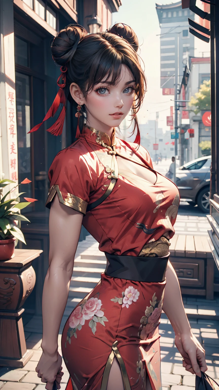 Chun-Li aus Street Fighter 2、Trägt ein blaues chinesisches Kleid、Trainierter Körper、Dutt-Haar