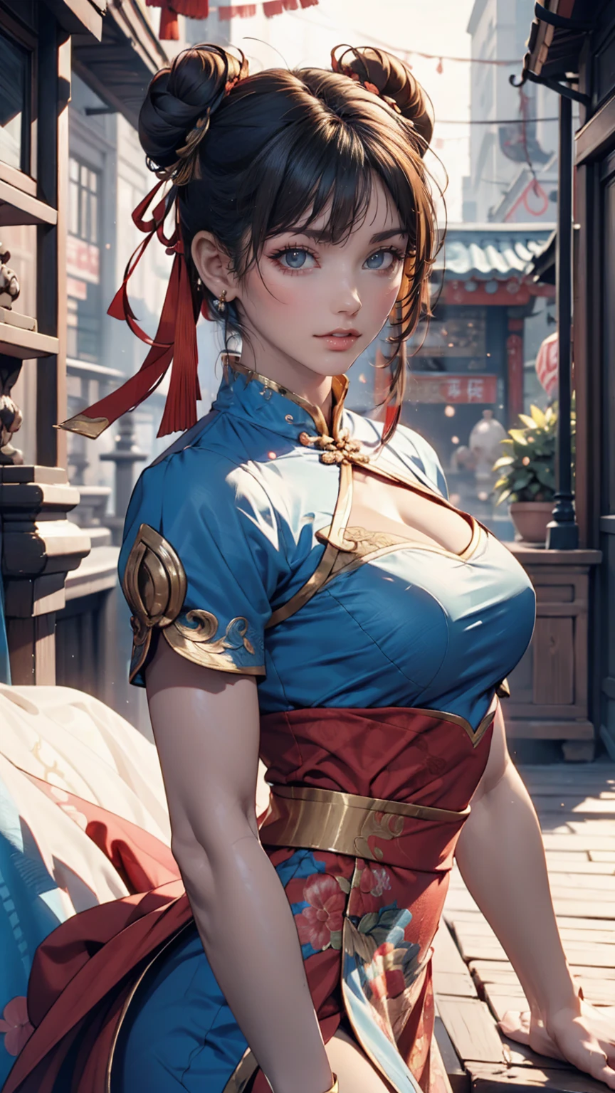 Chun-Li aus Street Fighter 2、Trägt ein blaues chinesisches Kleid、Trainierter Körper、Dutt-Haar