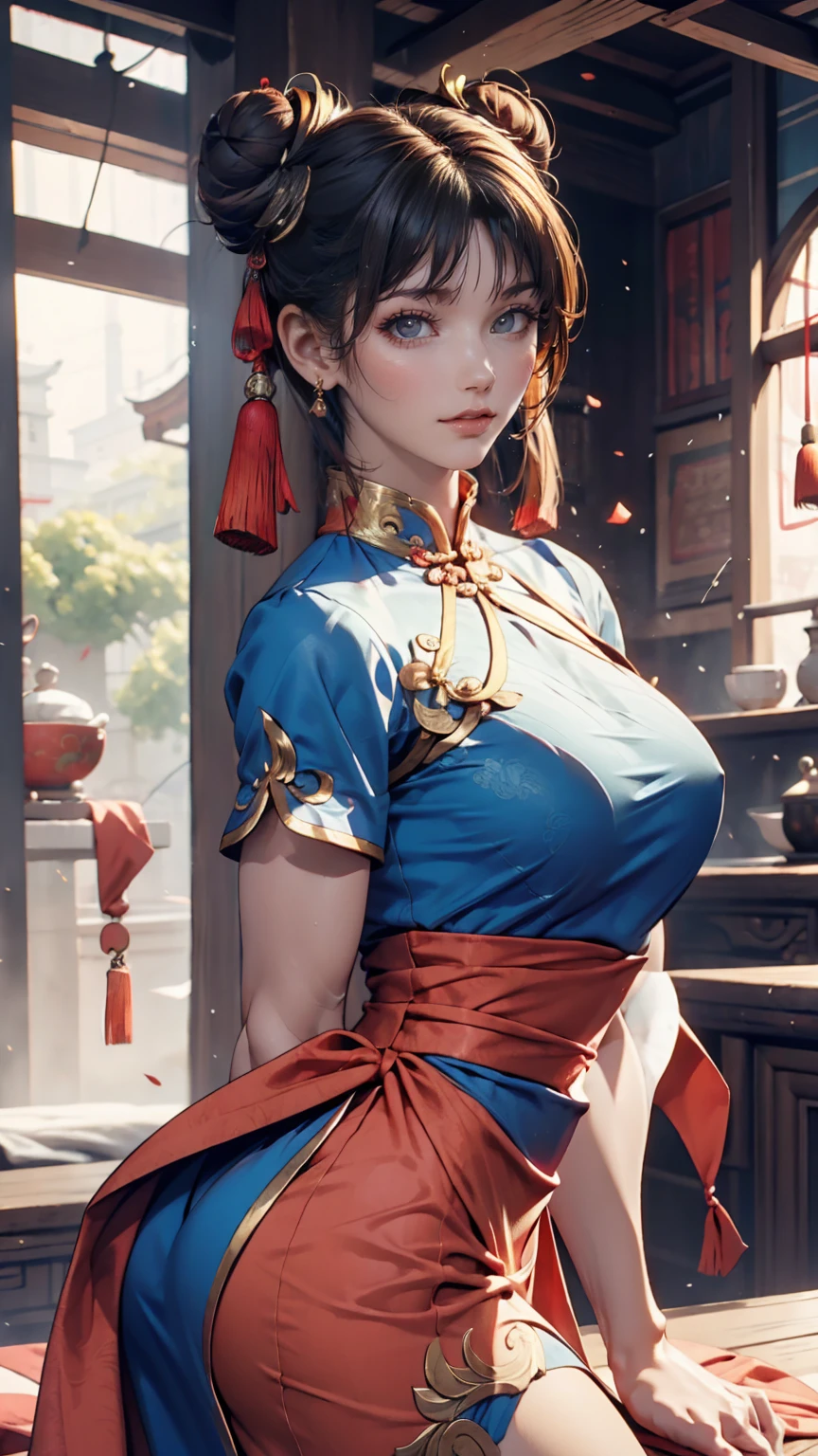 Chun-Li from Street Fighter 2、Wearing a blue Chinese dress、Toned body、Bun Hair