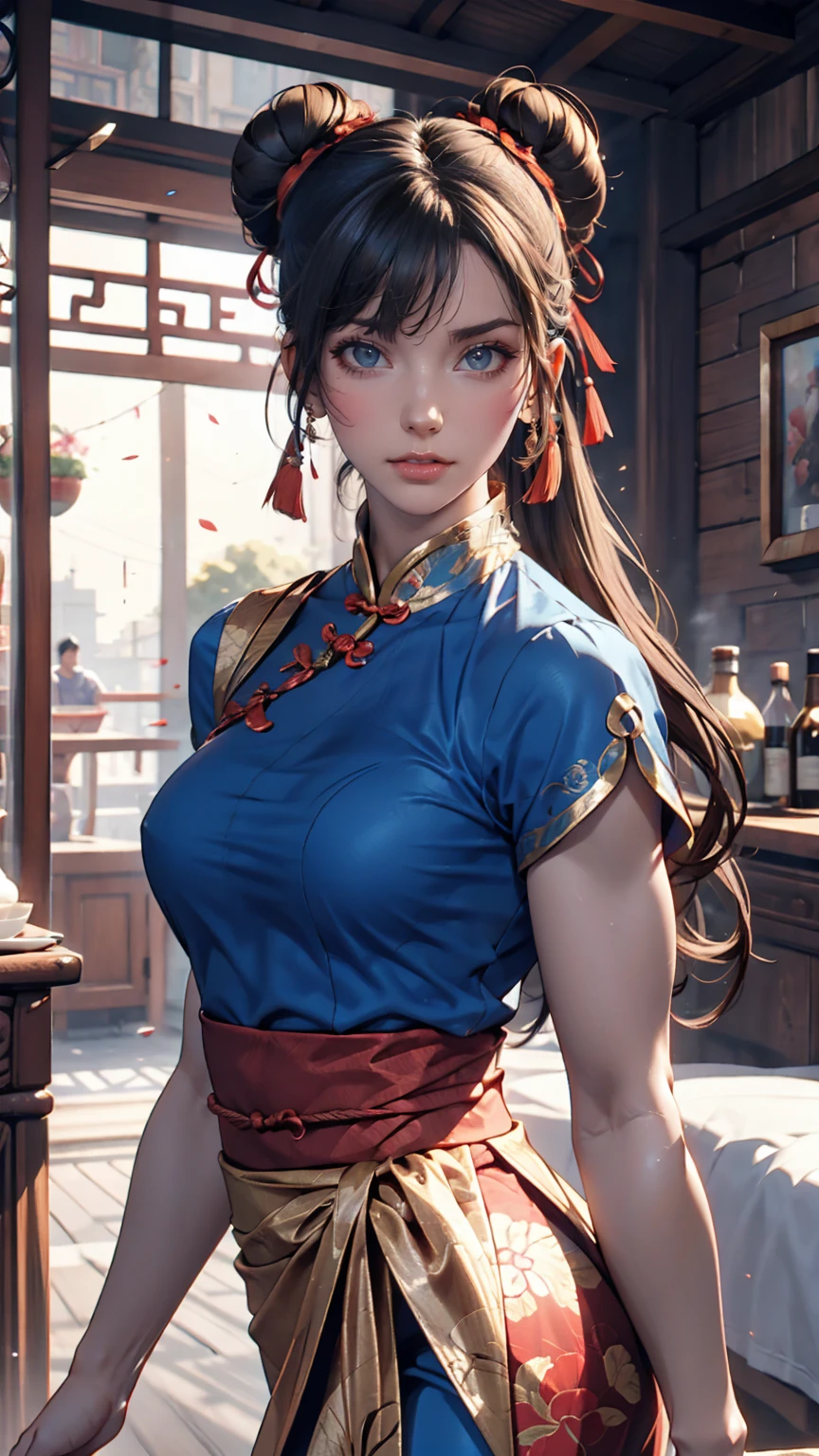 Chun-Li de Street Fighter 2、Usando um vestido chinês azul、corpo tonificado、Cabelo bem arrumado