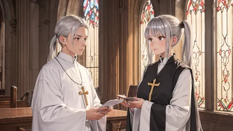 chest, big, twin tail, silver hair, priest, side, saint, disgusting