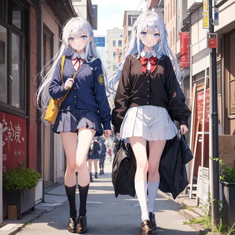 Silver Hair、Blue Eyes、beautiful girl、high school girl。uniform、Knee socks、　