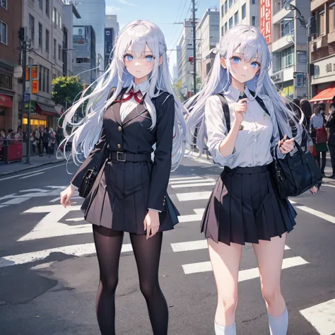 Silver Hair、Blue Eyes、beautiful girl、high school girl。uniform、Knee socks、　