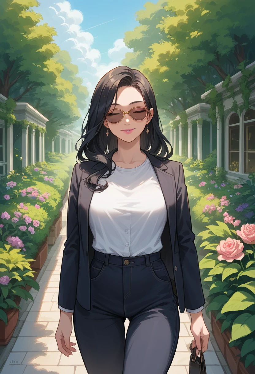5D caricature of a beautiful woman of the best quality, 20 year old woman, solo, chibi cartoon portrait wearing an office jacket and matching trousers, walking on a beautiful green garden highway, natural scenery background, long flowing black hair, pink lips, shirt black, sunglasses, smile on his face, eyes closed