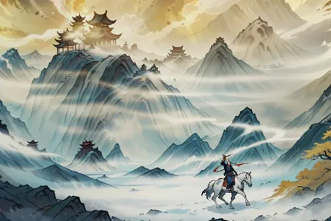 There is a painting，Painting of a man riding a horse in the mountains, Onmyoji detailed art, background technology, anime scener...