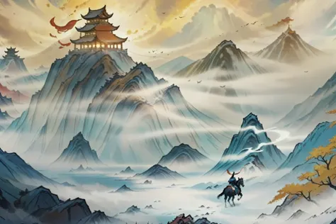 There is a painting，Painting of a man riding a horse in the mountains, Onmyoji detailed art, background technology, anime scener...