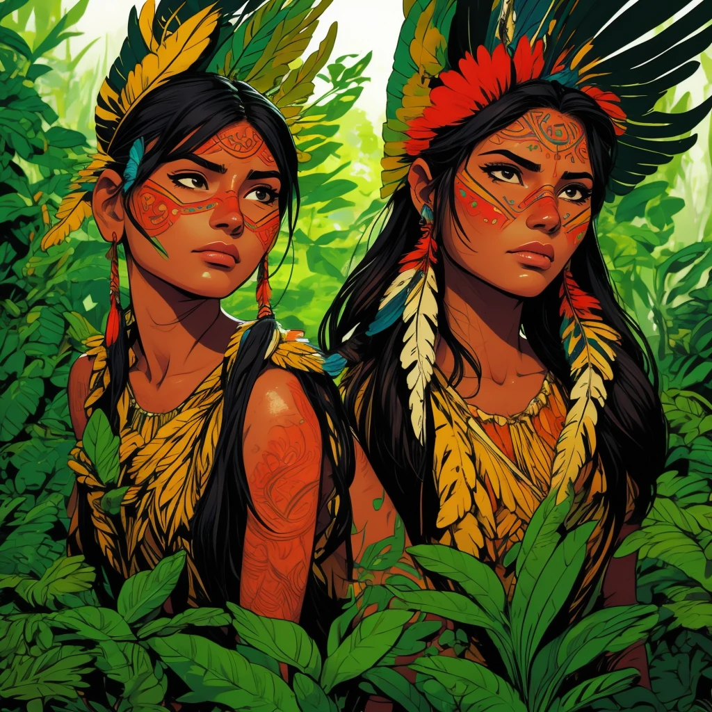 漫画アート, デジタルペインティング. 頭に羽根と羽をつけたネイティブの美しい先住民の少女, ブラジルのアマゾン先住民, 美しい若いブラジル人女性, 顔をペイントする, 熱い体, 典型的な衣装を着たヤノマミ族インディアン,高品質. アマゾンの熱帯雨林と川底. 明るい色, 映画照明. 詳細な, 複雑な, 詳細な face.