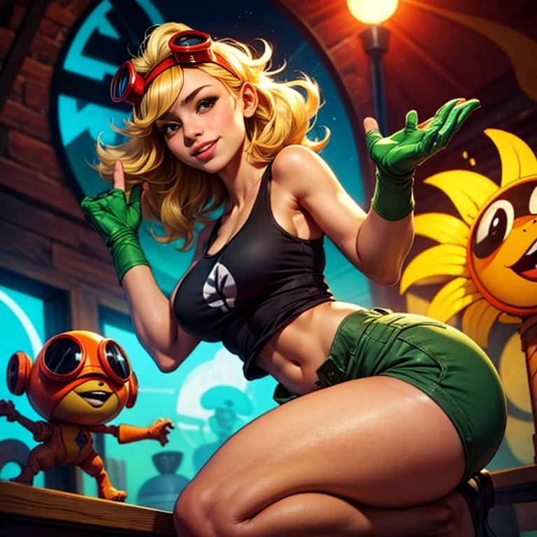 solar flare (plants vs zombies heroes)、Ideal proportions＿Big Breasts_Six Pack＿Big Butt＿Healthy tanned skin＿Thick, flowing blonde hair_Red goggles on head_Green gloves ‗ Green supporters＿Black navel-baring tank top_Green shorts＿Very beautiful and sexy young girl、smile、Squat with legs spread wide、Raise your hands to show your armpits、