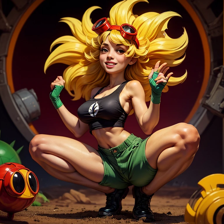 solar flare (plants vs zombies heroes)、(Correct Anatomy:1.5)、Ideal proportions＿Big Breasts_Six Pack＿Big Butt＿Healthy tanned skin＿Thick, flowing blonde hair_Red goggles on head_Green gloves ‗ Green supporters＿Black navel-baring tank top_Green shorts＿Very beautiful and sexy young girl、smile、Squat with legs spread wide、Raise your hands to show your armpits、