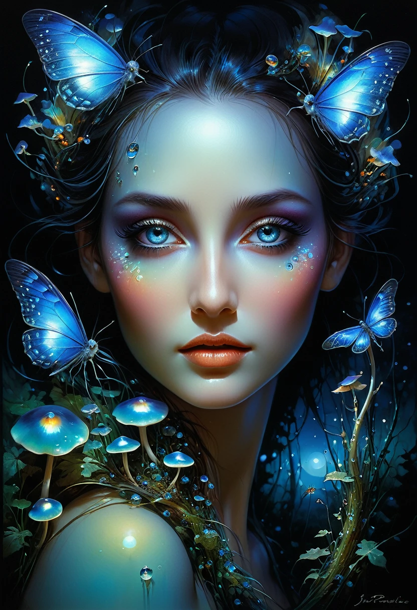 (masterpiece), (best quality), extremely delicate and beautiful, jim pavelec, detailed expressive eyes, fantasy style, the mystical inert logwonk, shown here with its iridescent scales briscmeggling in the moonlight, it often shmuggles among bioluminescent mushrooms and fireflies in the ramshmorgeling forest glades on planet laugternova vi, dark fantasy, colorful, masterpiece, best quality, professional artwork