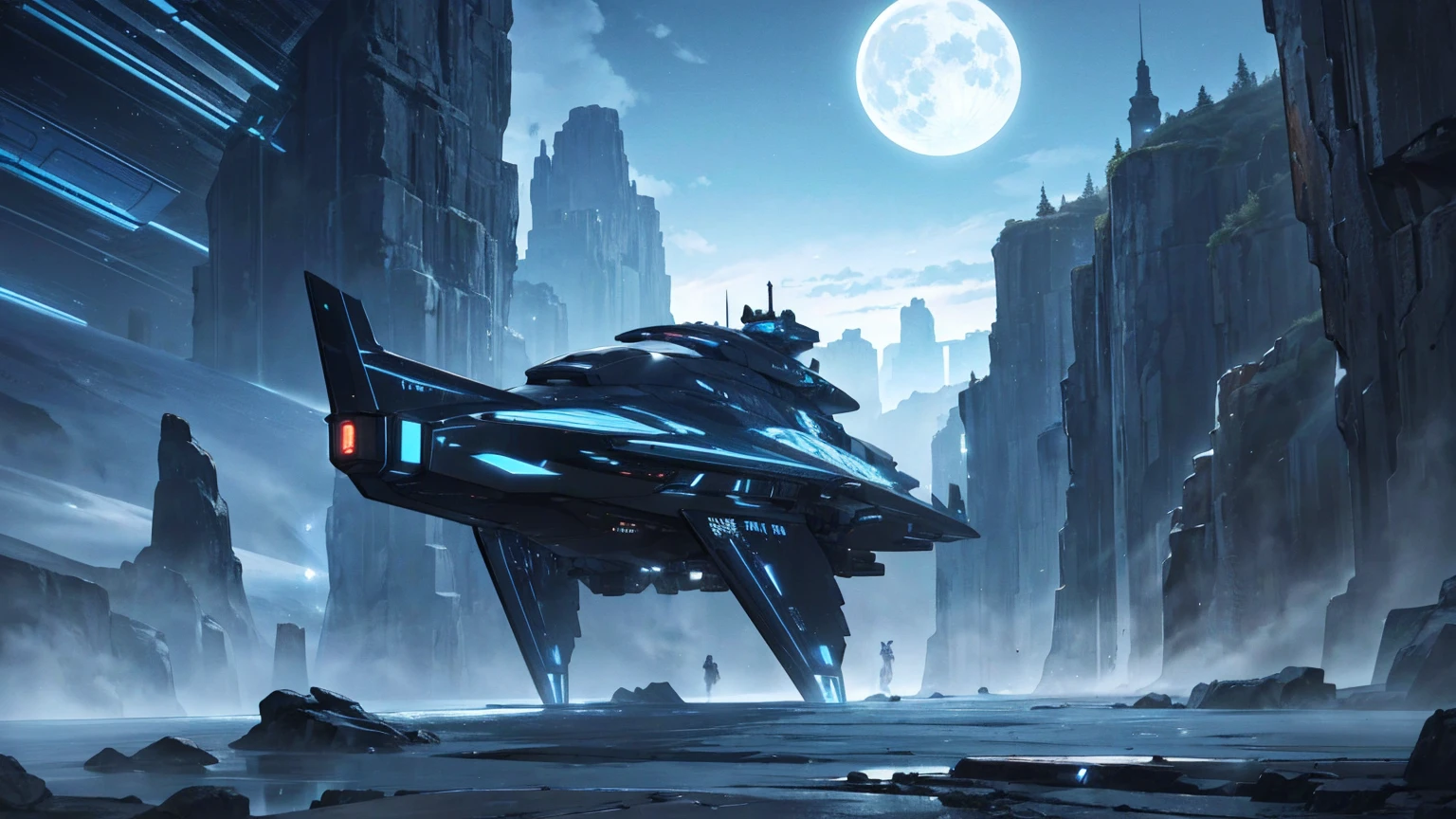 The image features a futuristic setting with sleek trains or high-speed transport vehicles, blue and black colors, illuminated windows, a desolate rocky landscape resembling a canyon, a dusky or night-time sky with a large moon in the background, and bursts of light, creating a dynamic atmosphere. The text "Paradigm" is visible in the lower left corner, along with Chinese characters "High-speed starship" (gāosù xīngjiàn) and "seatrus", suggesting advanced technology and an adventurous theme.