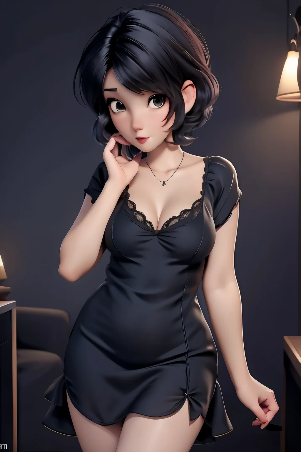 Sweet adorable and alluring hot and curvaceous anime babe sparsely clothed in a highly revealing and alluring goth nightgown short bob hairstyle wavy and alluring 