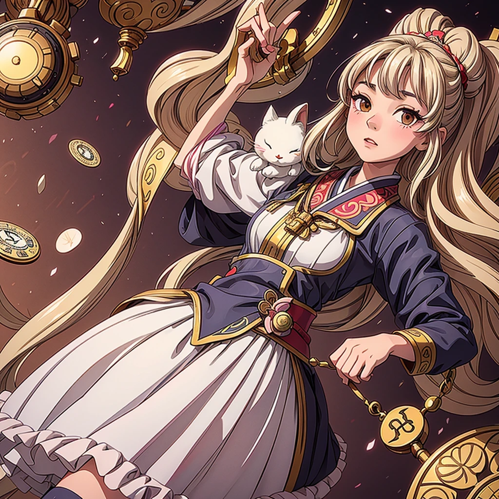 Alice de Wonderland dans un style anime mignon, avec de longs cheveux blonds foncés qui coulent, debout avec assurance devant un, arrière-plan fantaisiste rappelant Wonderland. Elle porte un kimono enchanteur qui rappelle une oiran ou une geisha japonaise, avec des motifs complexes et des couleurs vibrantes, principalement dans des nuances foncées de rose cerisier, lui donnant une apparence élégante mais réservée. Sa tenue est élégante et traditionnelle, soulignant ses courbes féminines, en particulier sa poitrine et ses hanches larges. La pose d'Alice doit rappeler celle d'une oiran traditionnelle, dégageant grâce et allure, avec une touche de modestie. Son compagnon est un adorable lapin blanc vêtu d'un smoking, agissant comme un guide et sautant de manière ludique. L&#39;arrière-plan doit être richement détaillé, avec des éléments tels que des cartes à jouer, pièces d&#39;échec, Miroirs ronds, et des montres de poche pour rehausser l'atmosphère de Wonderland. L'image doit avoir un niveau de détail extrêmement élevé et un travail de ligne délicat, dépassant les limites précédentes pour créer l'œuvre ultime, dépeignant Alice comme une personne cool, personnage élégant avec un mélange unique de beauté japonaise traditionnelle et d'éléments fantastiques. 