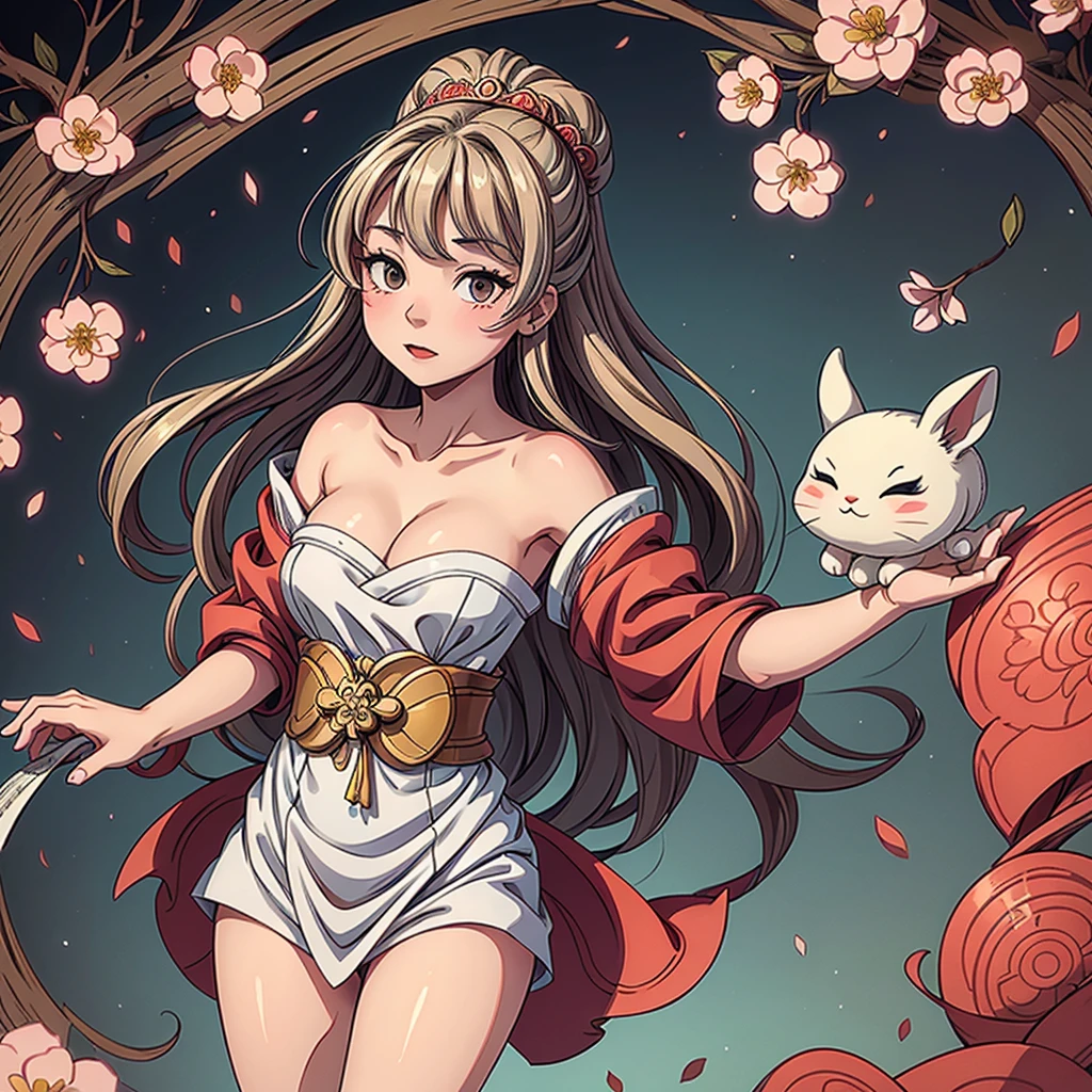 Alice de Wonderland dans un style anime mignon, avec de longs cheveux blonds foncés qui coulent, debout avec assurance devant un, arrière-plan fantaisiste rappelant Wonderland. Elle porte un kimono enchanteur qui rappelle une oiran ou une geisha japonaise, avec des motifs complexes et des couleurs vibrantes, principalement dans des nuances foncées de rose cerisier, lui donnant une apparence élégante mais réservée. Sa tenue est élégante et traditionnelle, soulignant ses courbes féminines, en particulier sa poitrine et ses hanches larges. La pose d'Alice doit rappeler celle d'une oiran traditionnelle, dégageant grâce et allure, avec une touche de modestie. Son compagnon est un adorable lapin blanc vêtu d'un smoking, agissant comme un guide et sautant de manière ludique. L&#39;arrière-plan doit être richement détaillé, avec des éléments tels que des cartes à jouer, pièces d&#39;échec, Miroirs ronds, et des montres de poche pour rehausser l'atmosphère de Wonderland. L'image doit avoir un niveau de détail extrêmement élevé et un travail de ligne délicat, dépassant les limites précédentes pour créer l'œuvre ultime, dépeignant Alice comme une personne cool, personnage élégant avec un mélange unique de beauté japonaise traditionnelle et d'éléments fantastiques. 