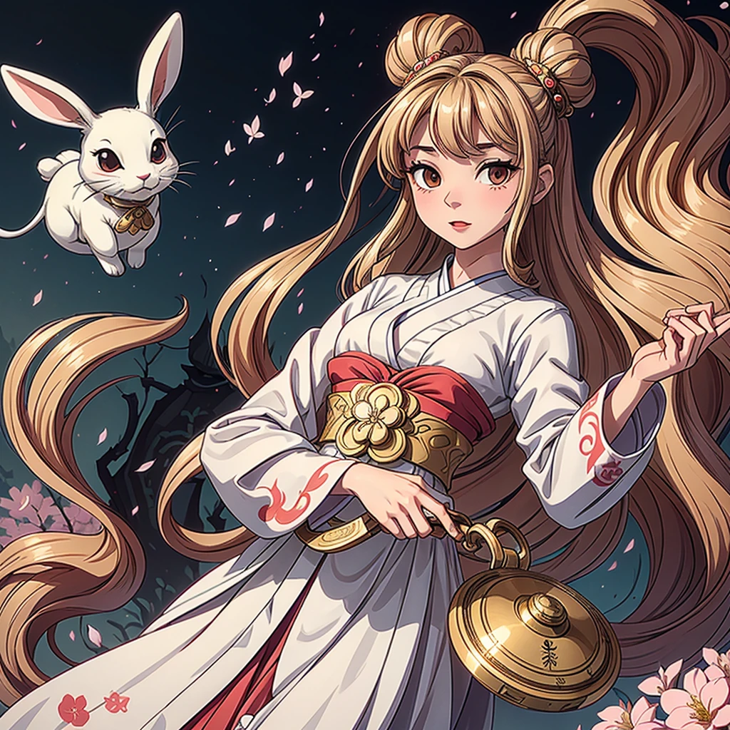 Alice de Wonderland dans un style anime mignon, avec de longs cheveux blonds foncés qui coulent, debout avec assurance devant un, arrière-plan fantaisiste rappelant Wonderland. Elle porte un kimono enchanteur qui rappelle une oiran ou une geisha japonaise, avec des motifs complexes et des couleurs vibrantes, principalement dans des nuances foncées de rose cerisier, lui donnant une apparence élégante mais réservée. Sa tenue est élégante et traditionnelle, soulignant ses courbes féminines, en particulier sa poitrine et ses hanches larges. La pose d'Alice doit rappeler celle d'une oiran traditionnelle, dégageant grâce et allure, avec une touche de modestie. Son compagnon est un adorable lapin blanc vêtu d'un smoking, agissant comme un guide et sautant de manière ludique. L&#39;arrière-plan doit être richement détaillé, avec des éléments tels que des cartes à jouer, pièces d&#39;échec, Miroirs ronds, et des montres de poche pour rehausser l'atmosphère de Wonderland. L'image doit avoir un niveau de détail extrêmement élevé et un travail de ligne délicat, dépassant les limites précédentes pour créer l'œuvre ultime, dépeignant Alice comme une personne cool, personnage élégant avec un mélange unique de beauté japonaise traditionnelle et d'éléments fantastiques. 