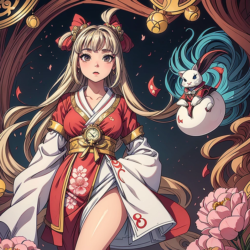 Alice de Wonderland dans un style anime mignon, avec de longs cheveux blonds foncés qui coulent, debout avec assurance devant un, arrière-plan fantaisiste rappelant Wonderland. Elle porte un kimono enchanteur qui rappelle une oiran ou une geisha japonaise, avec des motifs complexes et des couleurs vibrantes, principalement dans des nuances foncées de rose cerisier, lui donnant une apparence élégante mais réservée. Sa tenue est élégante et traditionnelle, soulignant ses courbes féminines, en particulier sa poitrine et ses hanches larges. La pose d'Alice doit rappeler celle d'une oiran traditionnelle, dégageant grâce et allure, avec une touche de modestie. Son compagnon est un adorable lapin blanc vêtu d'un smoking, agissant comme un guide et sautant de manière ludique. L&#39;arrière-plan doit être richement détaillé, avec des éléments tels que des cartes à jouer, pièces d&#39;échec, Miroirs ronds, et des montres de poche pour rehausser l'atmosphère de Wonderland. L'image doit avoir un niveau de détail extrêmement élevé et un travail de ligne délicat, dépassant les limites précédentes pour créer l'œuvre ultime, dépeignant Alice comme une personne cool, personnage élégant avec un mélange unique de beauté japonaise traditionnelle et d'éléments fantastiques. 