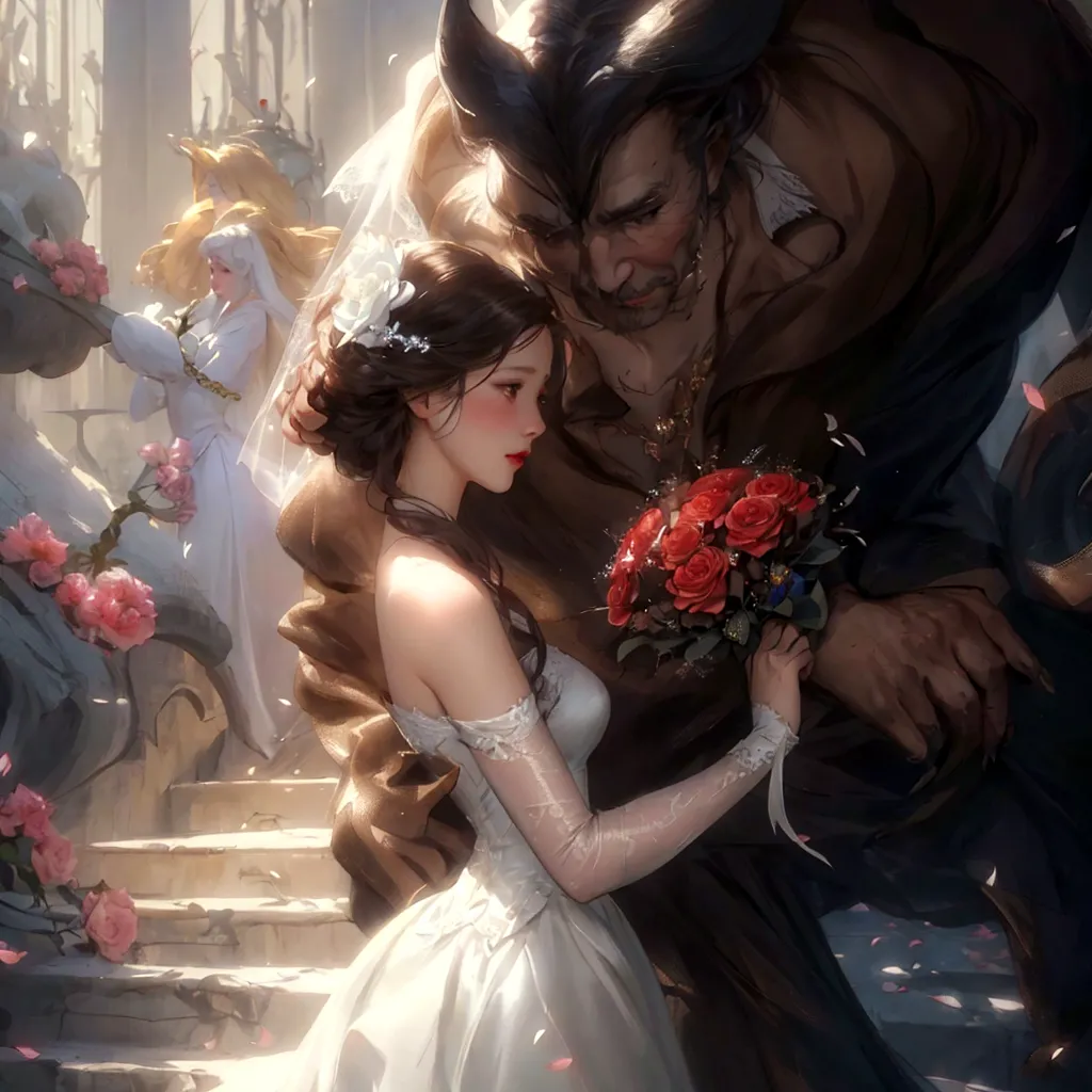 Illustration of a woman wearing a white dress and holding a bouquet of flowers, Magalie Villeneuve&#39;, Disney style art, Beaut...