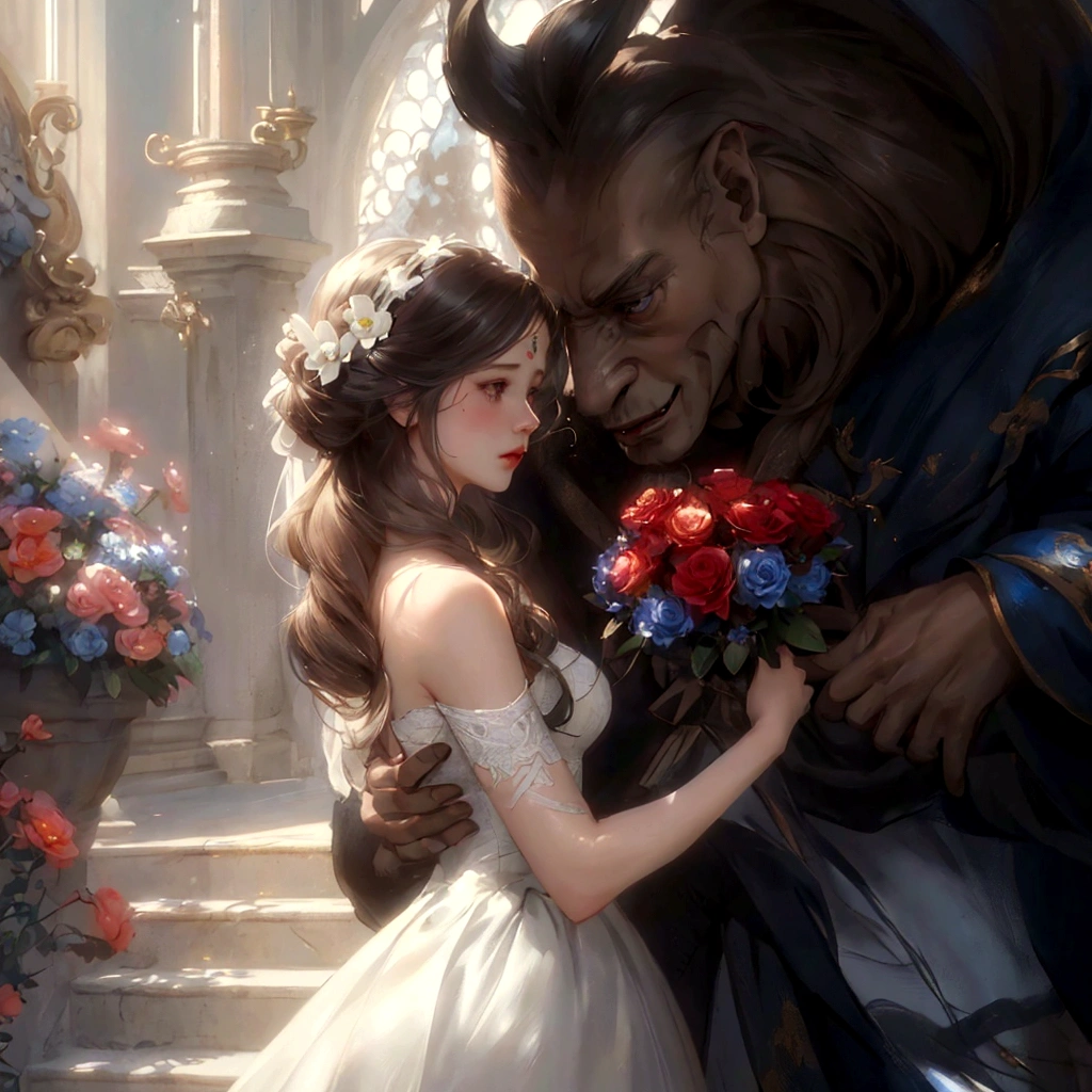 Illustration of a woman wearing a white dress and holding a bouquet of flowers, Magalie Villeneuve&#39;, Disney style art, Beauty and the Beast, Magalie Villeneuve와 모네, Romantic art style, 그래픽 아티스트 magali villeneuve, Magalie Villeneuve(magali villeneuve), love concept art, Disney Art, Art by Wlop and Greg Rutkowski