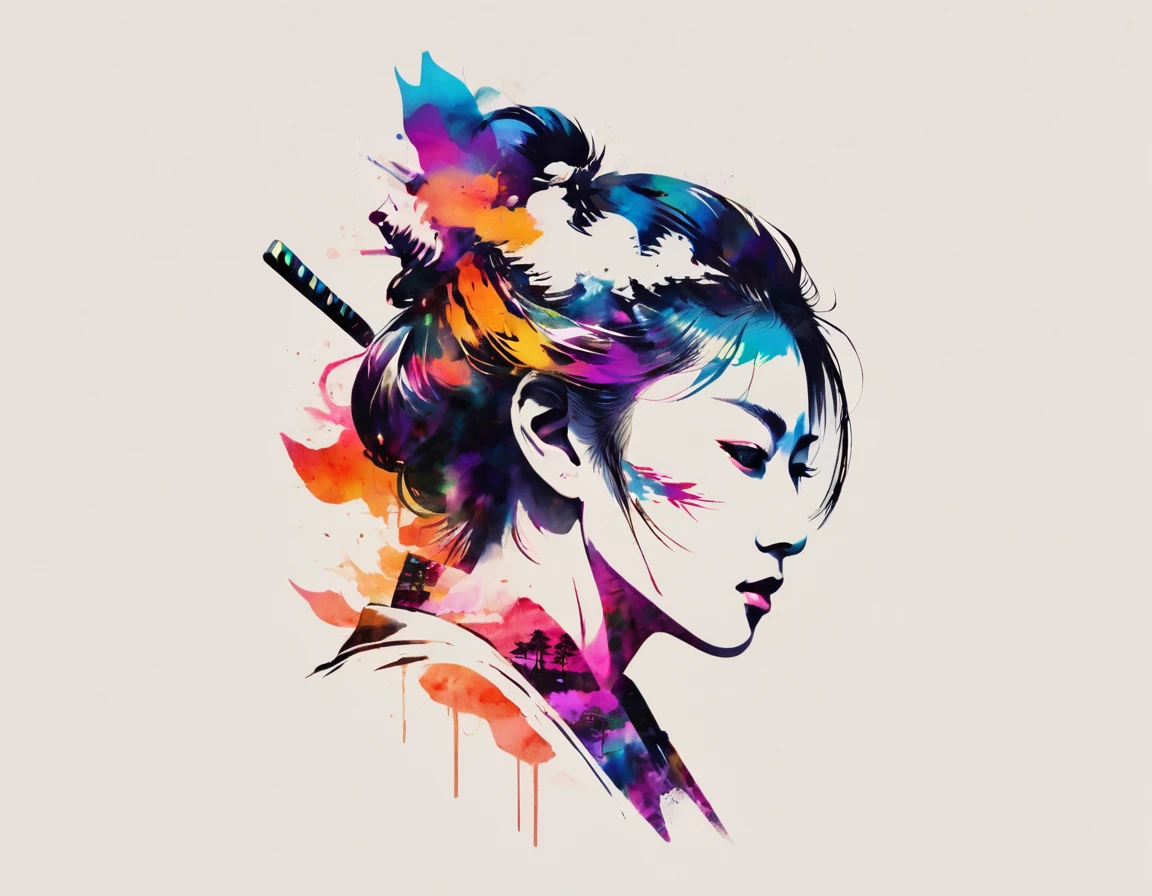 creative illustraton of the word "SAMURAI" double exposure style. The "SAMURAI" is made of kanagawa waves, fuji mountain, swords, vibrant colors, The word is set against a white background. The overall theme is vibrant and fantastic with a touch of digital art sketch by frank frazetta, dan mumford, carne griffith, 