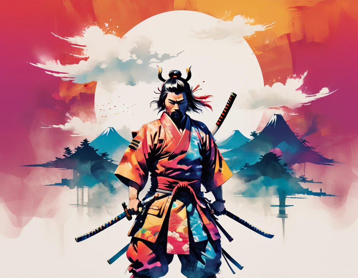 kreative Illustration des Wortes "Samurai" Doppelbelichtungsstil. Der "Samurai" ist aus Kanagawa-Wellen gemacht, Berg Fuji, Schwerter, leuchtende Farben, Der word is set against a white background. Der overall theme is vibrant and fantastic with a touch of digital art sketch by frank frazetta, dan mumford, Fleisch Griffith, 