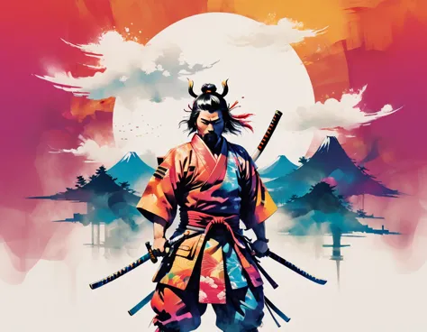 creative illustraton of the word "SAMURAI" double exposure style. The "SAMURAI" is made of kanagawa waves, fuji mountain, swords...