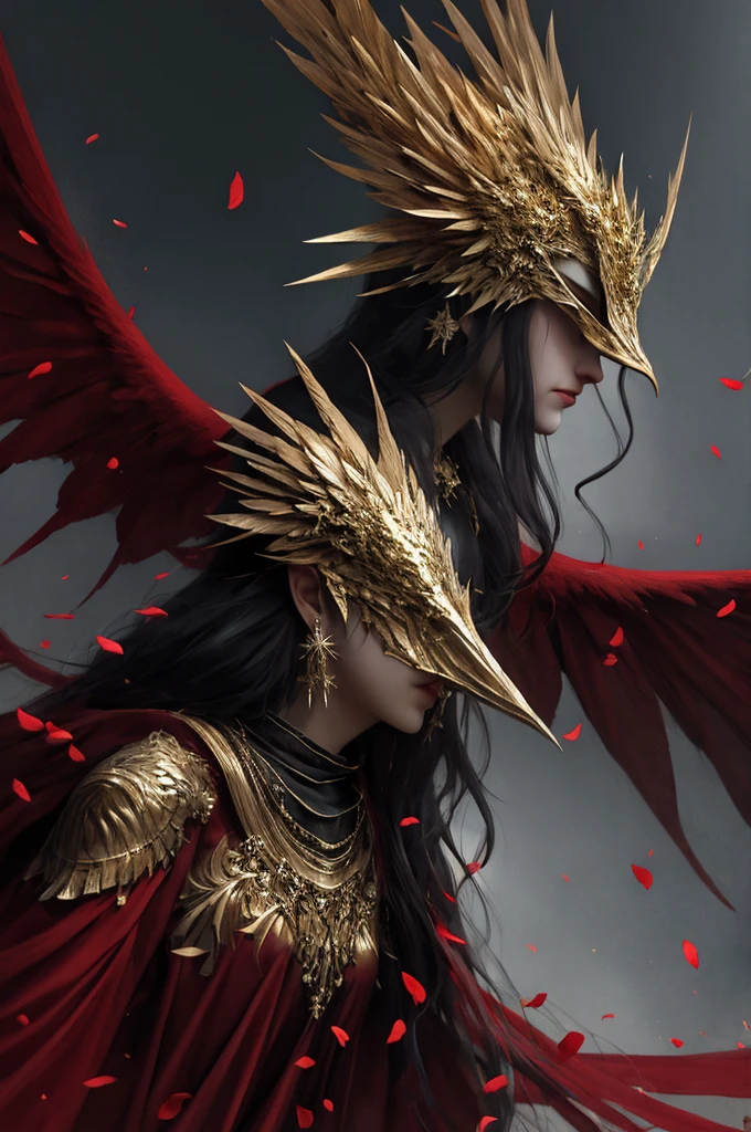 エルデンリングのマレニア、ソロジュエリーイヤリングヘルメット武器剣保持, ドラゴンスケール帽子, 壮大なファンタジーシーンのスタイルで, 金色と深紅色,黄金のヘルメット,金色の翼を広げた儀式用の仮面, 神話的な,かつて清らかな姿だった彼女の周囲に花びらが舞い、優雅に朽ちていく,輝く真紅の目,地下の洞窟の上の穴から光が差し込む,32k 超高画質,   painted By MichaelCTY(チャン・ティンユー),中世の騎士の鎧,ダークソウル風!B,painted By hamaya and macros,ダークファンタジー,雄大な服装,魅惑的な光,ソラリゼーションマスター,強い感情的影響,雄大な人物
