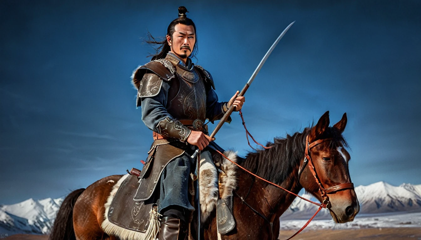 General Kraus, Wearing leather armor、Brown leather protective gear，Holding a Mongolian scimitar, Highly detailed characters, Mongolian man with high cheekbones，Clear and refined face，Mongolian Cavalry，The generals of the Ming Dynasty had white tassels or feathers on their helmets，Norse epic hero, Muscular man with war god tattoo, Riding on horseback, Portrait photography style，Light, (Extremely detailed CG 8k wallpaper), The most beautiful works of art in the world - full body photos, original皮甲, Mongolian small shield，Human Portrait, hunter, Animal hides，brutal，original, macho man, Ed Blinkey (Ed Blinkey) Magnificent professional oil paintings created, Artie Guerlain, Studio Ghibli, Courtesy of Jeremy Mann, Greg Manches, Antonio Moro, Art Station Trends, Social Trends, Wheels within wheels, High Detail, sharp focus, Dramatic and realistic art by Midjourney and Greg Rutkowski, Horse has armor，Charge and Slash