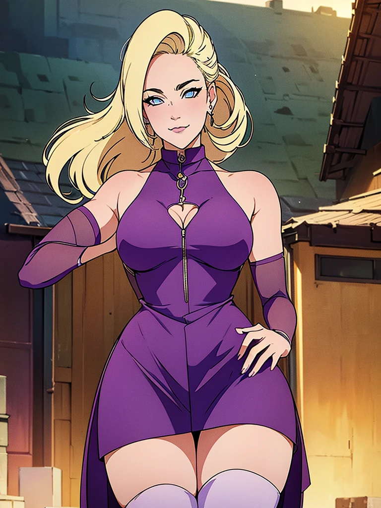 Just one girl,Best quality, 4k, high resolution, body stuck dress, perfect smile, gorgeous, white skin, ahegao face(hentai face) , blonde hair, wearing purple (violet) bodystuck dress with long sleeves and white edges, Wearing  bodycorn outfit(violet colour), clothes are stuck in body, wearing short tight skirt, and fishnet stalking,1 girl, solo, seductive look, elegance and charm, (masterpiece, best quality, high resolution), looking at the viewer, standing, (intricate and beautiful:1.2), (detailed light:1.2), (soft light, side light), (high resolution textures) , holding leash in hand(chain leash), outdoor, Burmese girl, wearing gorgeous jewelary, wearing harness over the outfit ,outdoor background, sun light, attractive, sexy, mature and hot, young,(masterpiece:1.3), (disorganized:1.3), (highest quality:1.3), perfect anatomy, detailed face, front view, perfect right hands, looking at viewer, (Super detailed:1.3), (best shadow:0.7), (treated hair), fine eyes, beautiful eyes, young aged woman, alone, standing, crystal earrings,closed_mouth, , outdoors,Thick thighs, arrogant face, small 