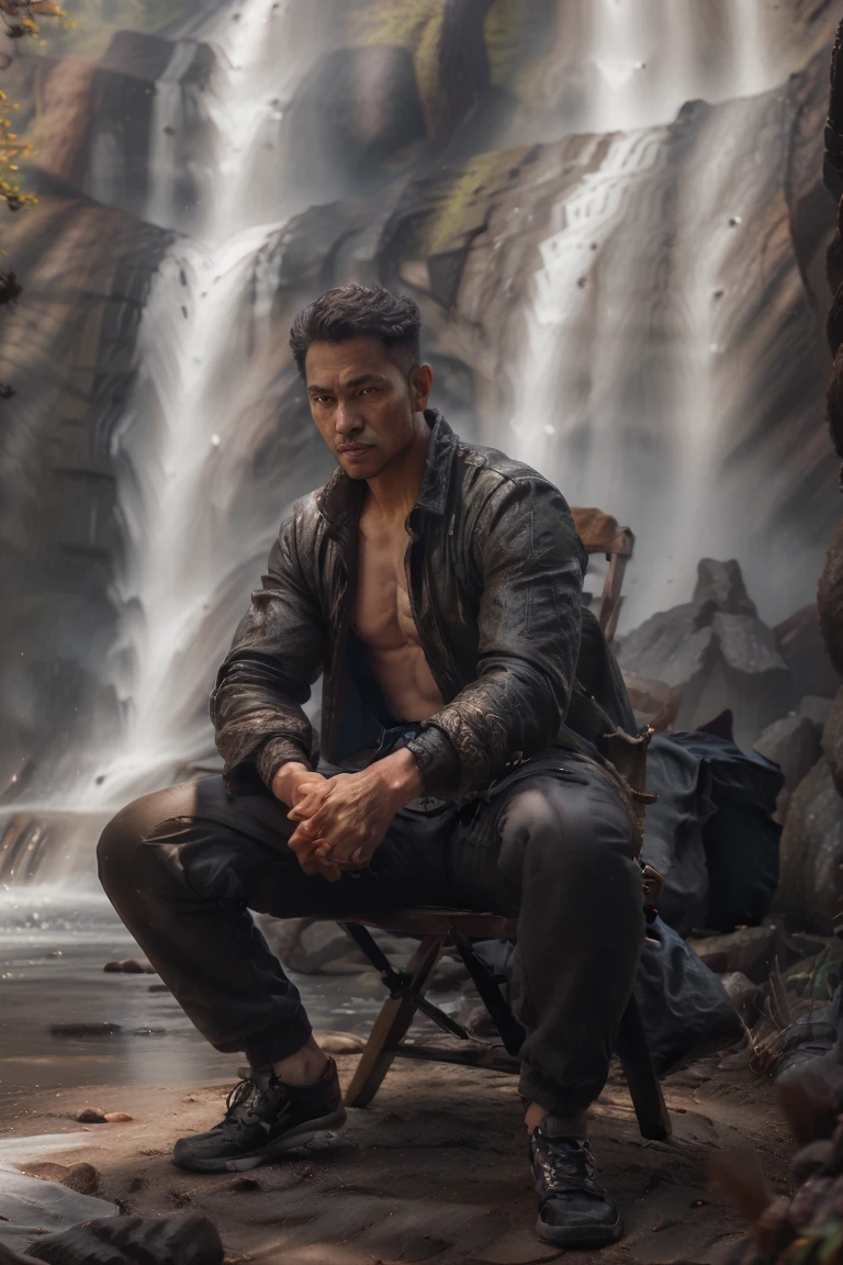 
Handsome Javanese Indonesian man (25 years old, oval and clean face, ideal body and neat, Indonesian skin, wearing a trucker jacket and black bag and sneakers, pose sitting on a folding chair, photography style photo facing front, there is a tent beside him, face visible, behind near the man there is a beautiful waterfall, bright ultra HD atmosphere, original photo, high detail, very sharp, 18mm lens, realistic, photography, Leica camera, cinematic 