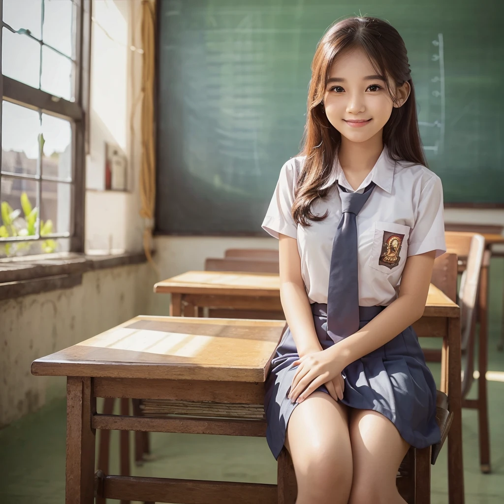 uma linda garota, sentado em uma cadeira na sala de aula, (Uniforme escolar indonésio), características faciais detalhadas, olhos lindos, cílios longos, sorriso fofo, carteira escolar, quadro-negro, luz solar através das janelas, iluminação quente, Detalhes intrincados, fotorrealista, 8K, alta qualidade, arte digital, Obra de arte