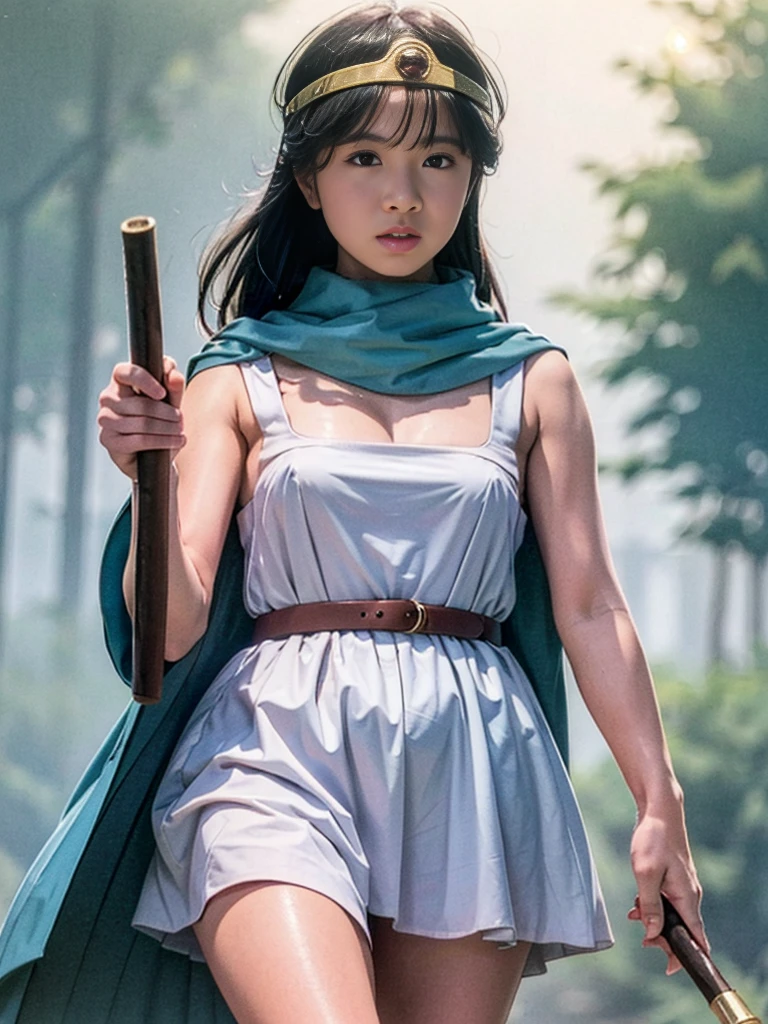 sage_(dq3), 1girl, 
(the vast grasslands), (clear sky), 
walking through the vast grasslands, 

long hair, blue hair, normal breast, cleavage, (nipples), (bare shoulders), 
(circlet), (yellow gloves), (white dress), (belt), (cape), (knee-high boots), 
(holding a wooden staff), 

(cowboy shot), from below, 
detail face, (photorealistic:1.4), ultra high res, best quality, ((detailed facial features)), 8k resolution,
