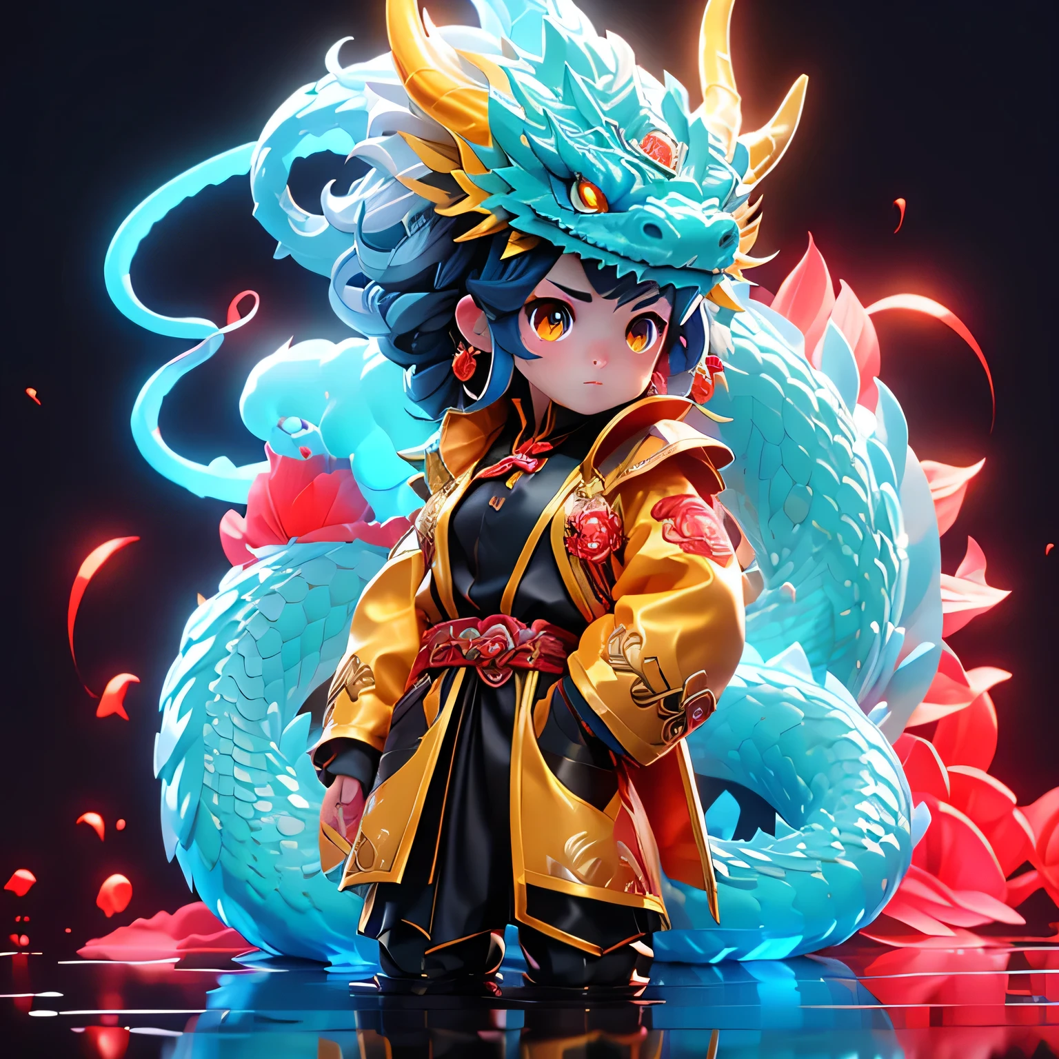 masterpiece,best quality,Blue Crystal Flash Dragon,Kavasi style,Shining eyes,(：1.2),(:1.2),Blue hair,Yellow eyes, (Blue and red silk jacket),High Ponytail,White collar shirt,Flowering,Hair Flip,Flowing hair,frown,Black skirt,Red bow tie,(Solitary),Snakehead