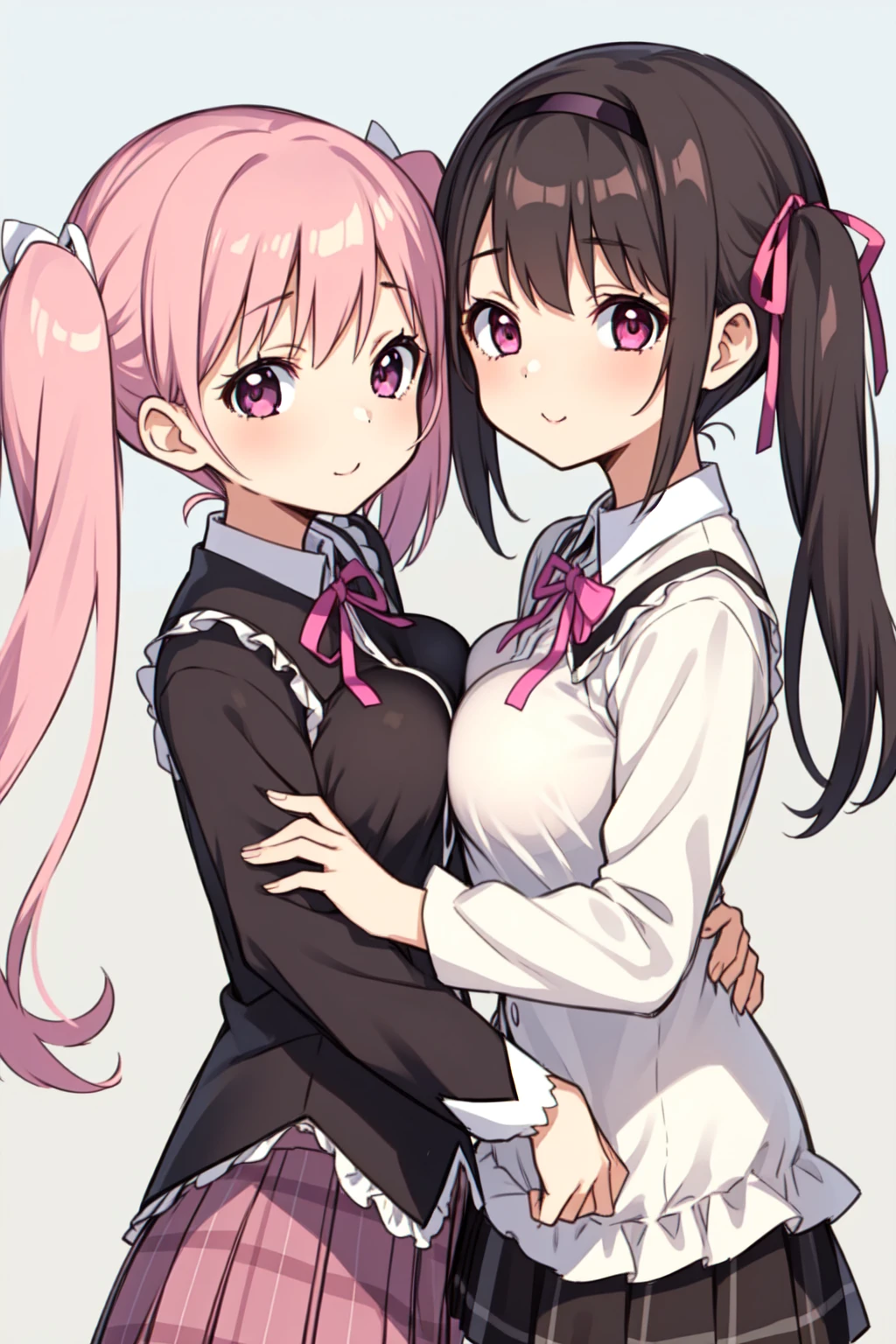 2girls, akemi homura, alternate breast size, black hair, day, bow, breast press, hair ribbon, hairband, kaname madoka, long hair, looking at viewer, mitakihara , multiple girls, pink eyes, pink hair, plaid, plaid skirt, purple eyes, ribbon, , short hair, short twintails, simple background, skirt, symmetrical docking, twintails, white background, (((yuri,outdoors,潰れた大きい胸))),NSFW