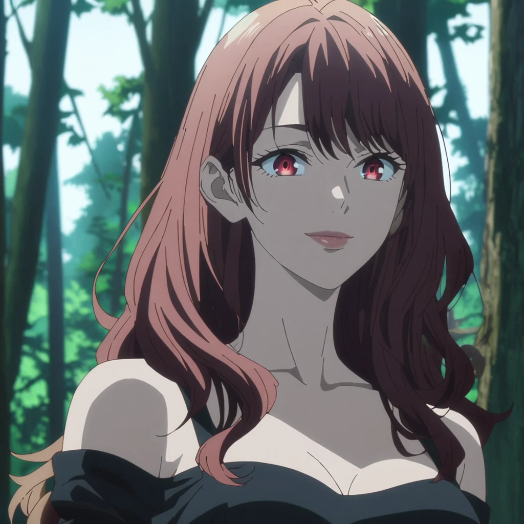 1girl, anime screencap from jujutsu kaisen, solo, very long_hair, ((smooth texture hair)) purple eyes, ((short length hair, wavy hair, swept bangs, red_eye)), breasts, upper_body, smile, forest background, red_eyes, lips, ((wavy hair, short length hair, swept bangs, red_eye)) wearing black color clothes, breast, "very detailed and high resolution" (red eyes) ((cross arms))  ((smooth texture hair)) ((solo)) ((high resolution)) (Good quality) 