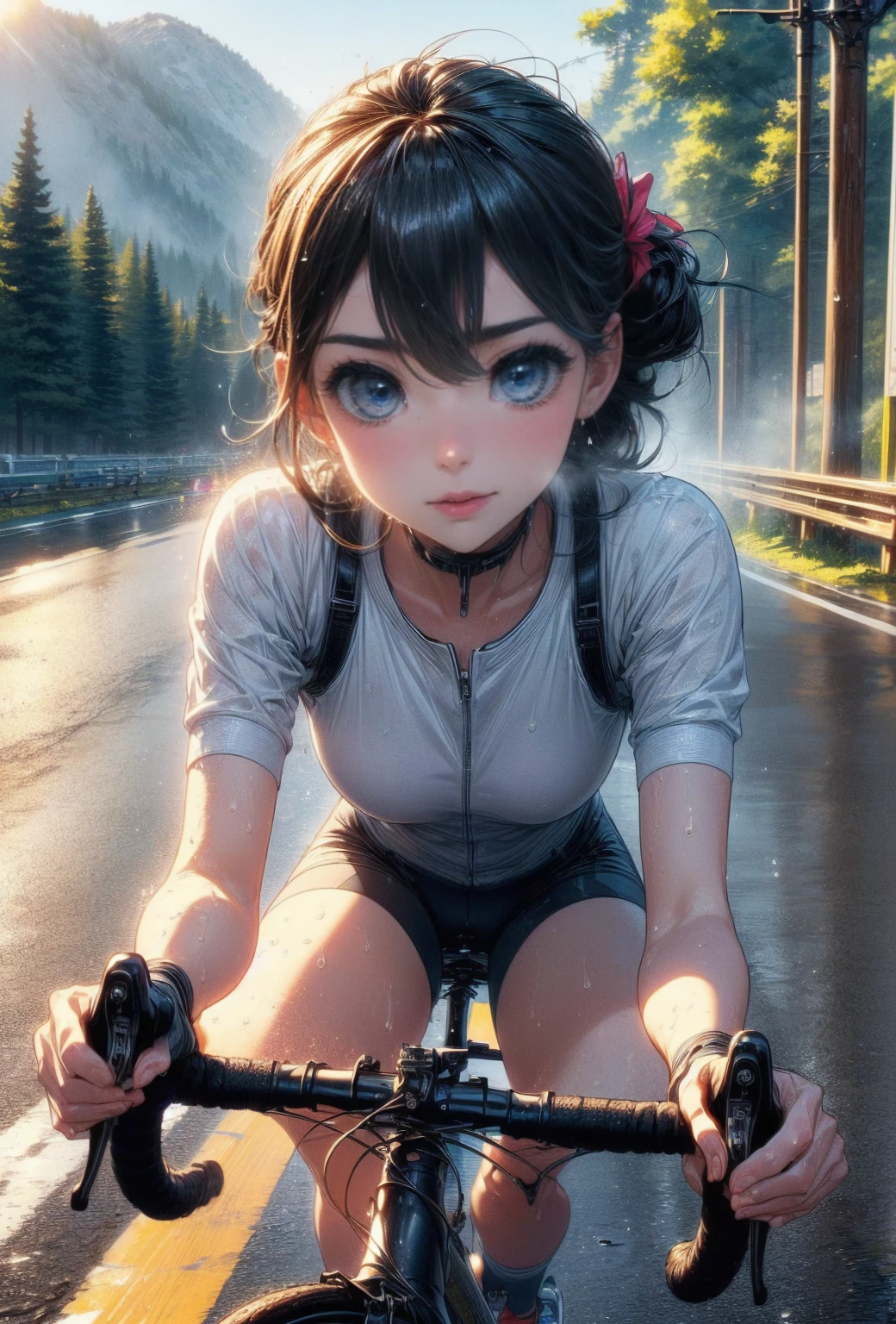 NSFW、de la máxima calidad、(Bicicleta de carretera)、((montar en bicicleta))、sin antecedentes、sonriendo al espectador、Ojos bonitos、Hermoso rostro、ojos delicados、((sudorで透けたスポーツウェア))、sudor、meseta refrescante、、