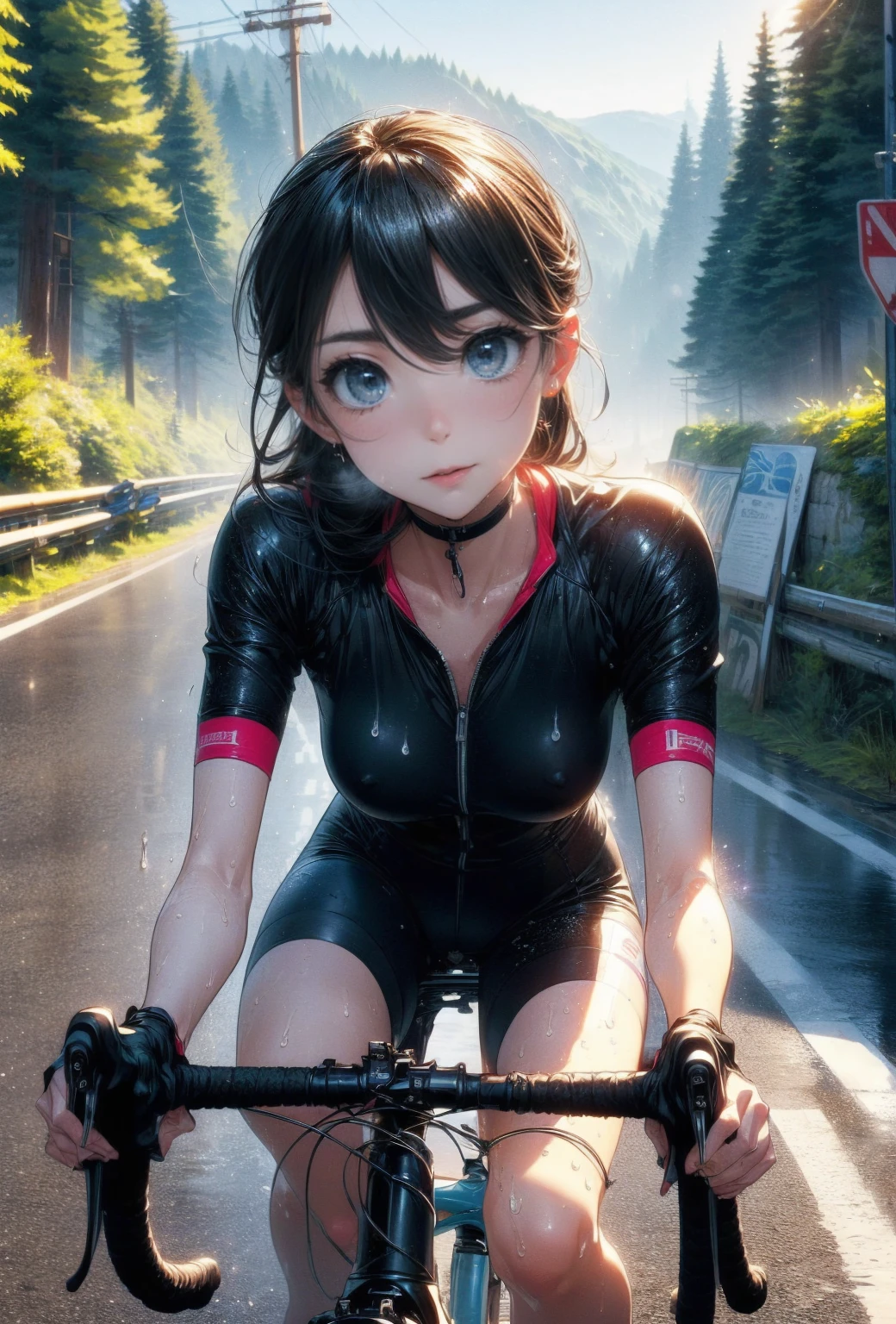 NSFW、la plus haute qualité、(Vélo de route)、((faire de la bicyclette))、pas de fond、souriant au spectateur、Beaux yeux、Beau visage、Yeux délicats、((Transpirerで透けたスポーツウェア))、Transpirer、plateau rafraîchissant、、