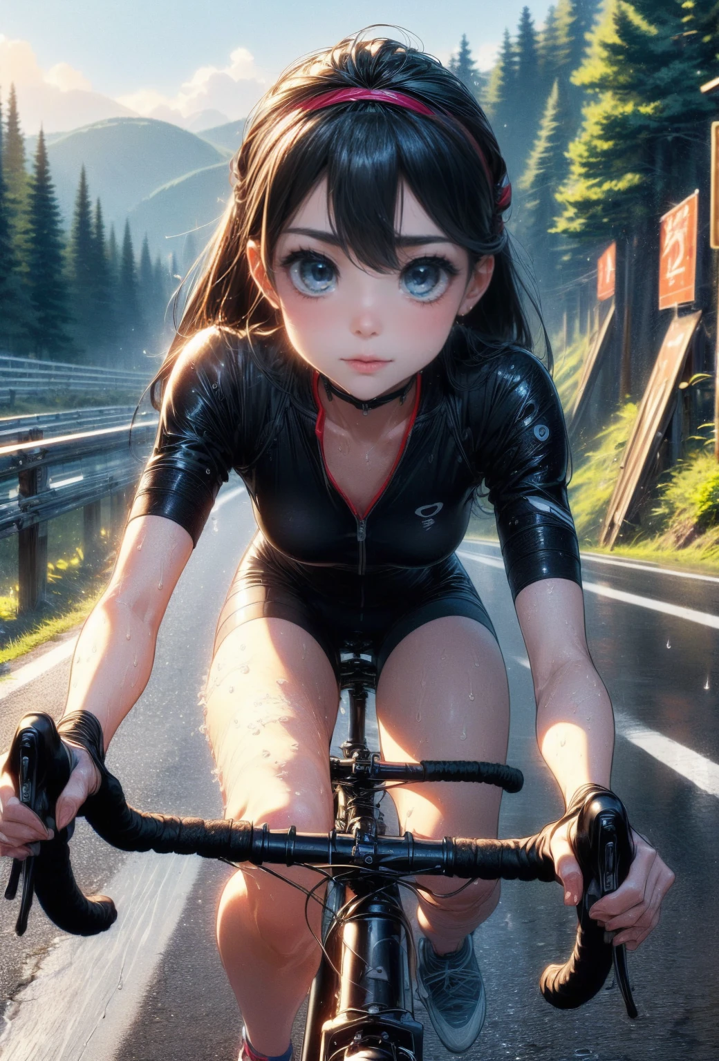 NSFW、la plus haute qualité、(Vélo de route)、((faire de la bicyclette))、pas de fond、souriant au spectateur、Beaux yeux、Beau visage、Yeux délicats、((Transpirerで透けたスポーツウェア))、Transpirer、plateau rafraîchissant、、