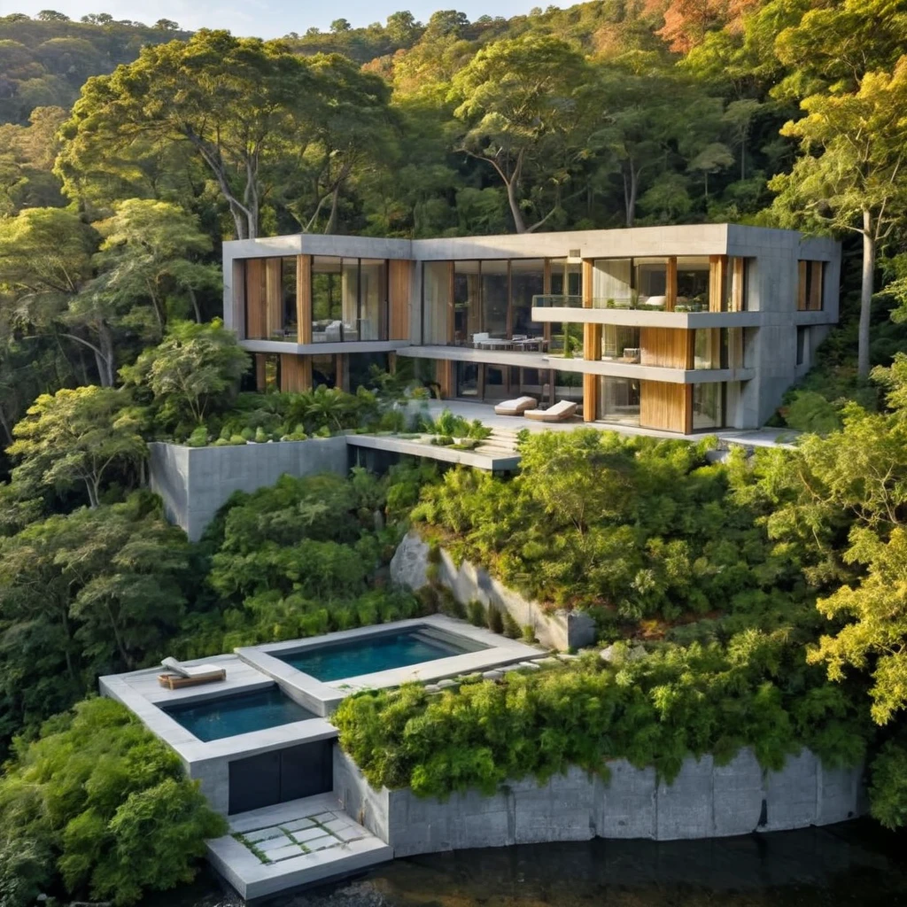 Imagine la vista exterior de una mansión moderna con elementos de hormigón y madera de roble., Rodeado de naturaleza. Abraza la elegancia, arquitectura contemporánea mientras se crea un interior acogedor con detalles en madera de roble. Maximizar la luz natural, Ventanas grandes, y vistas impresionantes. Describe un retiro lujoso y acogedor en armonía con el entorno natural..