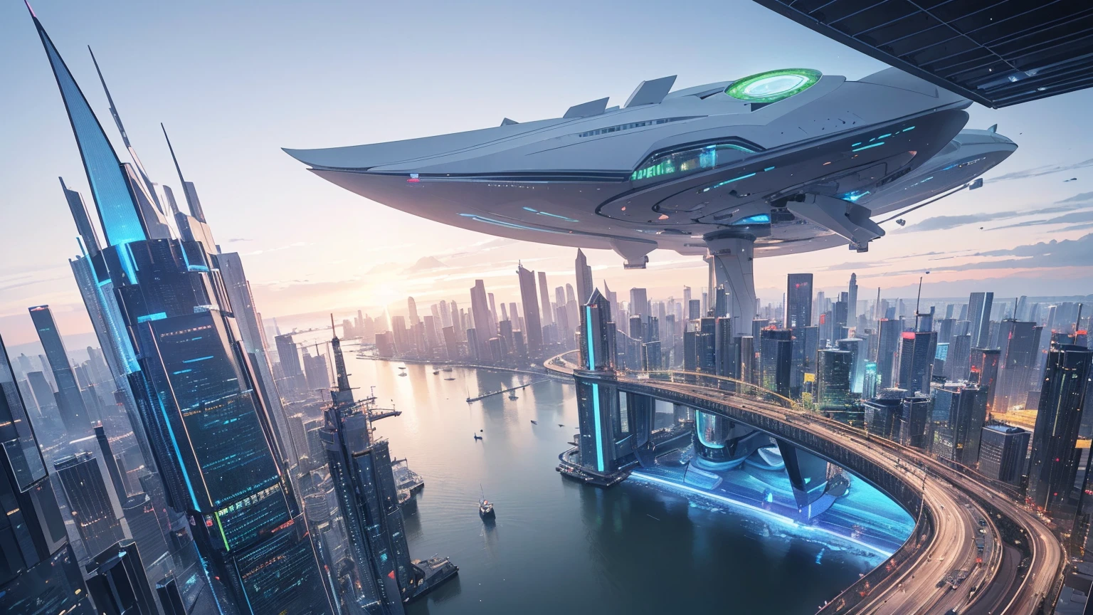 (Best quality,4K,8K,A high resolution,Masterpiece:1.2),Ultra-detailed,(Realistic,Photorealistic,photo-realistic:1.37),Futuristic floating city,Futuristic technology,Huge urban high-tech tablet platform,Airship,Floating in the sky,Futuristic city,Small airships around,High-tech hemispherical platform,Colorful lights,Advanced architecture,modernn architecture,skyscrapper,Access the cloud,Scenic beauty,view over city,Impressive design,Blend seamlessly with nature,energetic and vibrant atmosphere,Futuristic transportation system,Parking is suspended,Transparent path,Lush greenery,Sky gardens,cascading waterfalls,Magnificent skyline,reflections on the water,Sparkling river,Architectural innovation,futuristic skyscrapers,Transparent dome,The shape of the building is unusual,Elevated walkway,Impressive skyline,Glowing lights,Futuristic technology,Minimalist design,Scenic spots,Panoramic view,Cloud Piercing Tower,Vibrant colors,epic sunrise,epic sunset,Dazzling light display,magical ambiance,The future city,Urban Utopia,LuxuryLifestyle,Innovative energy,sustainable development,Smart city technology,Advanced infrastructure,Tranquil atmosphere,Nature and technology live in harmony,Awesome cityscape,Unprecedented urban planning,Architecture connects seamlessly with nature,High-tech metropolis,A cutting-edge engineering marvel,The future of urban living,Visionary architectural concept,Energy-efficient buildings,Harmony with the environment,A city floating above the clouds,Utopian dreams become reality,The possibilities are endless,State-of-the-art transportation network,Green energy integration,Innovative materials,Impressive holographic display,Advanced communication system,Breathtaking aerial view,Quiet and peaceful environment,Modernist aesthetics,Ethereal beauty