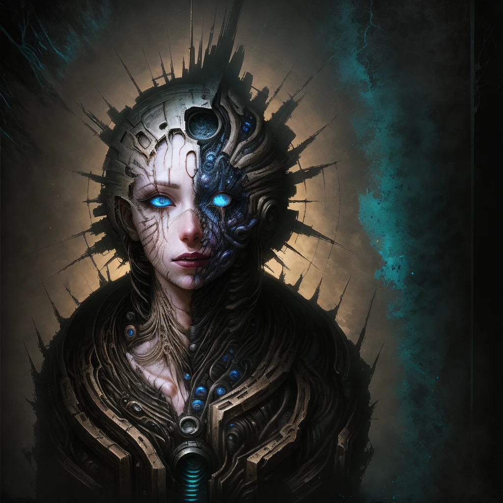 female bust flies in the sky, turning into an alien spaceship, massive construction, entangled in wires and tubes, woman's face with spiky implants instead of hair and blue eyes in front of a grunge background, Picture of a beautiful girl with bright blue eyes, the edges of her face disappear, turning into wires, the edges of the face disappear, turning into wires and tubes, the edges of the face disappear, turning into wires, the edges of her face and body disappear, turning into ribbons and paper cuts.,  face and body disappear, turning into wires, terrifying implants on the top of her head, grunge background, close-up portrait of a girl in AIDA style_KolGruBioMech, (work AIDA_KolGruBioMech:1.3) 