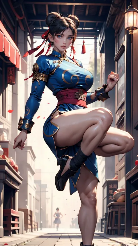 Chun-Li from Street Fighter 2、Wearing a blue Chinese dress、Toned body、Bun Hair、Sexy、Sexy proportions、Showing off beautiful legs、...