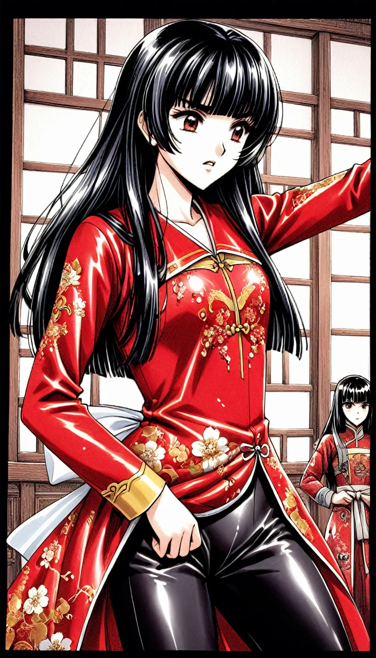 A tragic historical drama in 8k live-action style: Beautiful palace secrets　Beautiful 10 year old Chinese Kung Fu girl Hime with short black hair is forced to wear excrement pants　Gorgeous embroidery, Ultra glossy, She is wearing a shiny red top and bottom long sleeve floral pajama kung fu suit....　　　