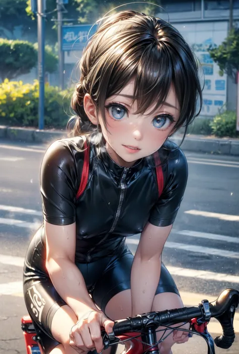NSFW、Highest quality、(Road bike)、((ride a bicycle))、Smiling at the viewer、Beautiful Eyes、Beautiful Face、Delicate eyes、((Sweatで透け...