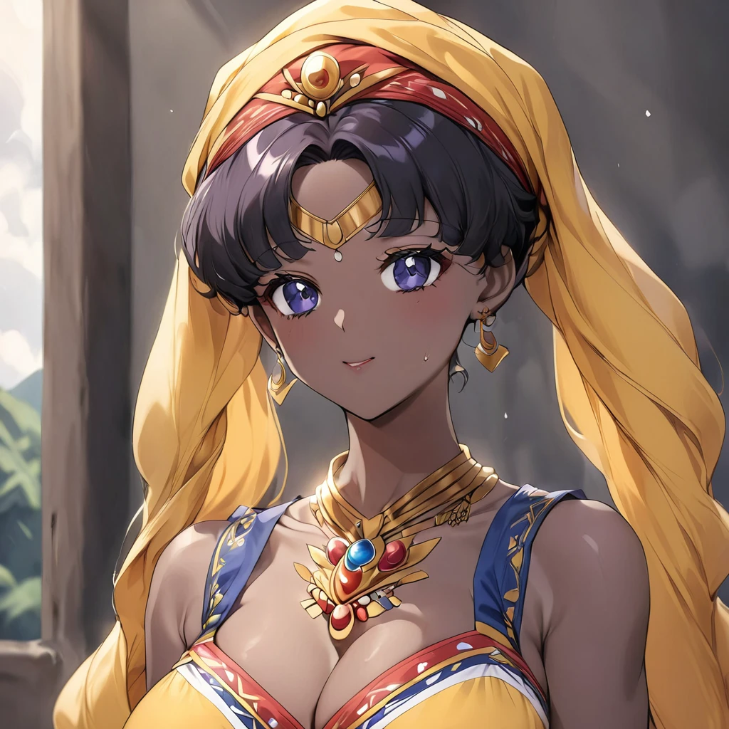 ((Highest quality)), ((masterpiece)), (detailed), （Perfect Face）、The woman is a Ghanaian born Tsukino Usagi with a vivid dark skin, black by birth, and is wearing a colorful Ghanaian dress from a Ghanaian village, a colorful turban head scarf, gorgeous jeweled accessories, and an engagement ring.、The woman is the elegant Tsukino Usagi, with black afro hair like an African, naturally curly hair, wearing a colorful Ghanaian dress, a colorful turban head scarf, and vivid dark brown skin. She is a natural black and a natural Ghanaian.、（The woman is a black Ghanaian with vivid dark brown skin.）、The woman is spending time with other village girls in her village in Ghana.