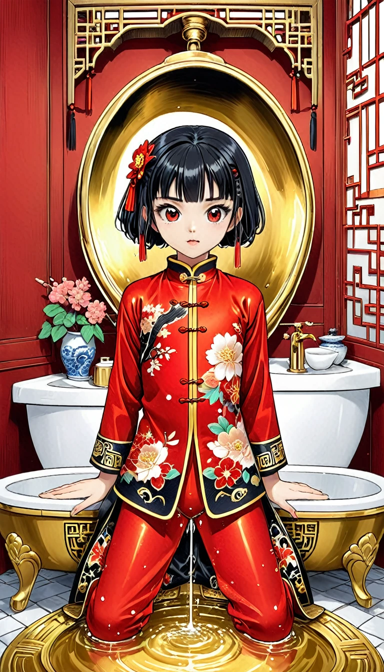 A tragic historical drama in 8k live-action style: Beautiful palace secrets　Beautiful 10 year old Chinese Kung Fu girl princess with short black hair　Gorgeous embroidery, Ultra glossy, She is wearing a shiny red top and bottom long sleeve floral pajama kung fu suit....　　She poops in a golden toilet