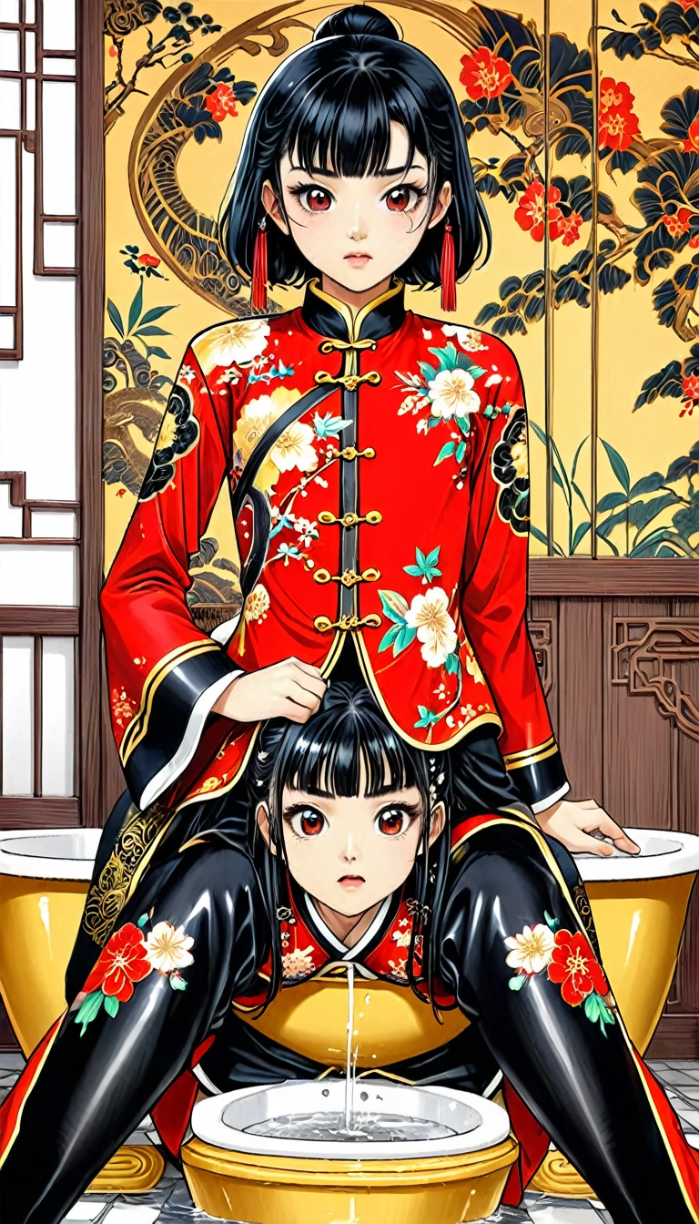 A tragic historical drama in 8k live-action style: Beautiful palace secrets　Beautiful 10 year old Chinese Kung Fu girl princess with short black hair　Gorgeous embroidery, Ultra glossy, She is wearing a shiny red top and bottom long sleeve floral pajama kung fu suit....　　She poops in a golden toilet